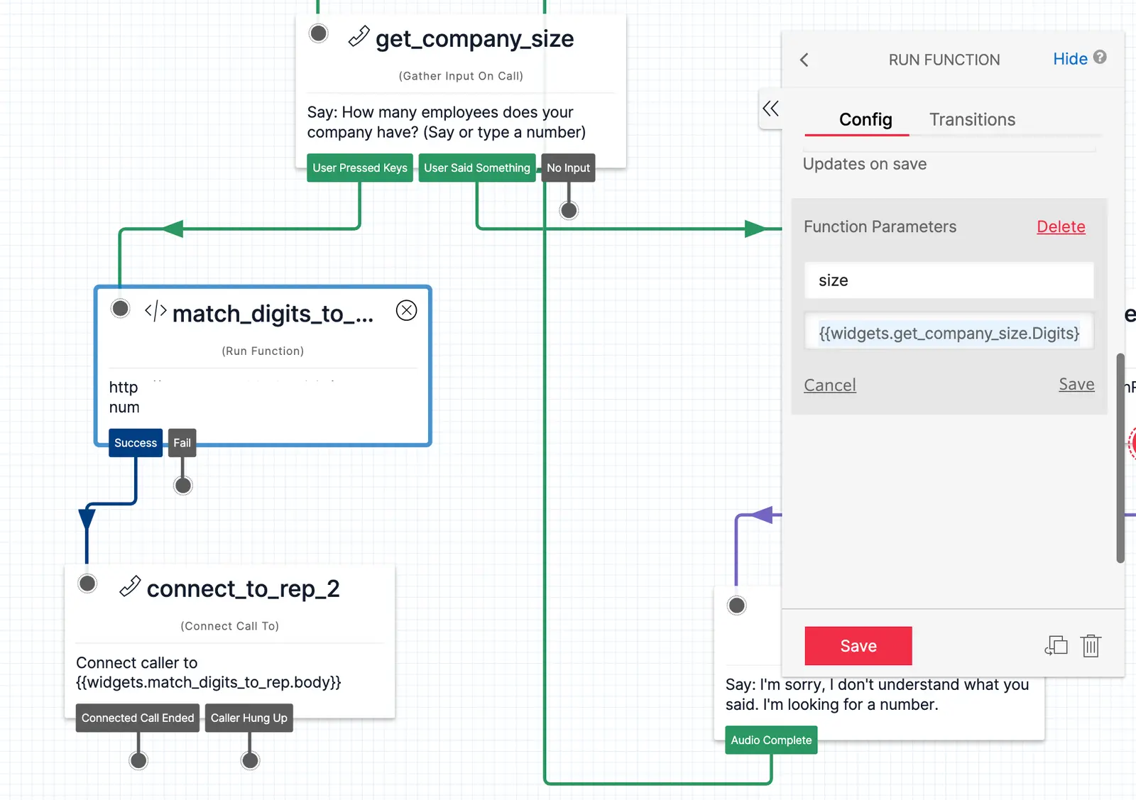 Twilio Studio Tutorial Route Leads Connect To Rep From Digits using Run Function and Connect Call To widgets On Canvas.
