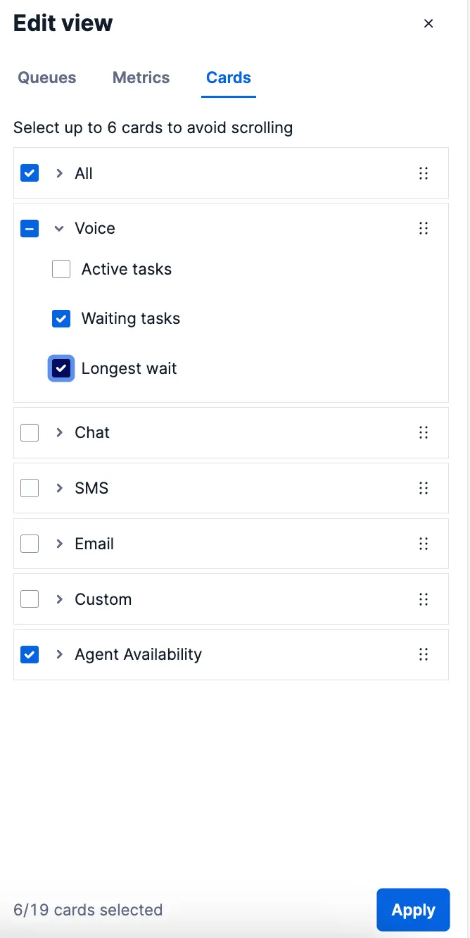 Edit view showing card selection with options like Voice, Chat, and Agent Availability.