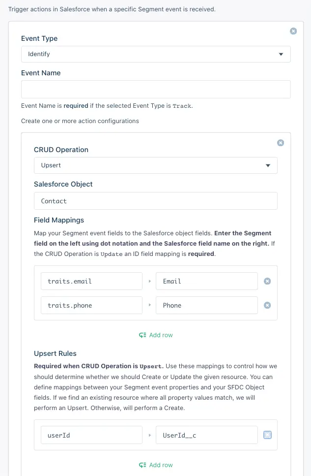 Salesforce upsert action with contact object and field mappings for email and phone.