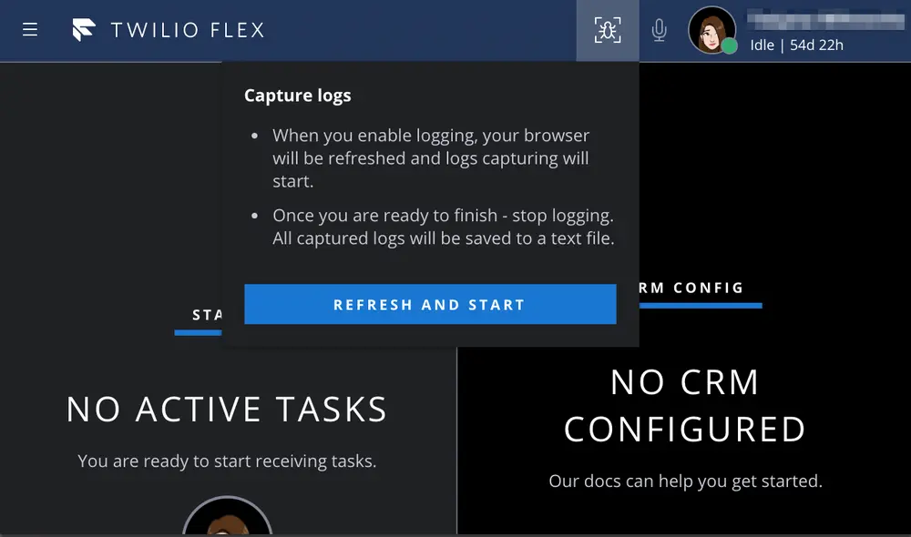 Twilio Flex UI showing active logging with options to finish and download logs.