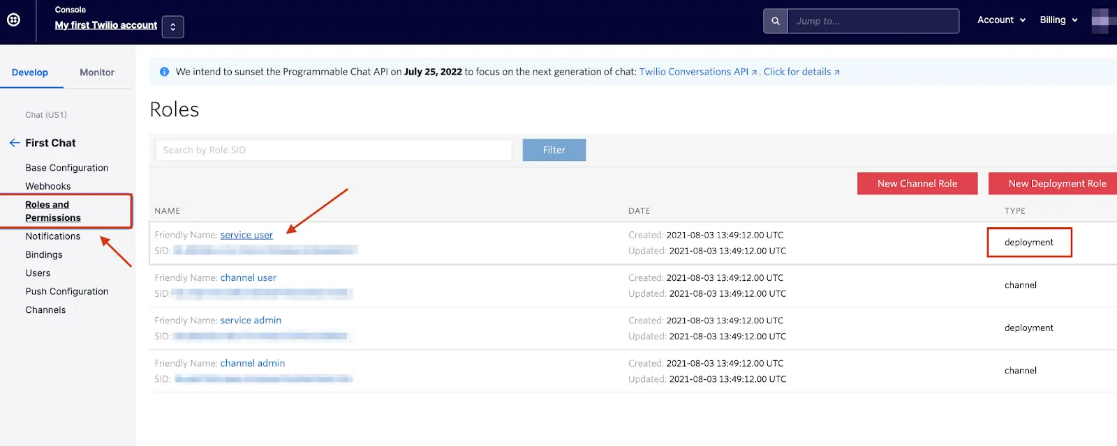 Twilio console showing roles like service user and channel admin with type deployment or channel.