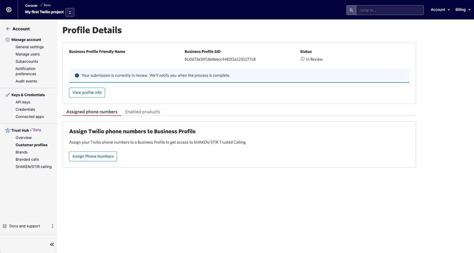 Profile details with business profile in review and phone number assignment option.