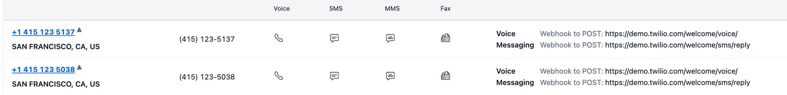 List of active phone numbers with voice and messaging webhooks for San Francisco, CA.