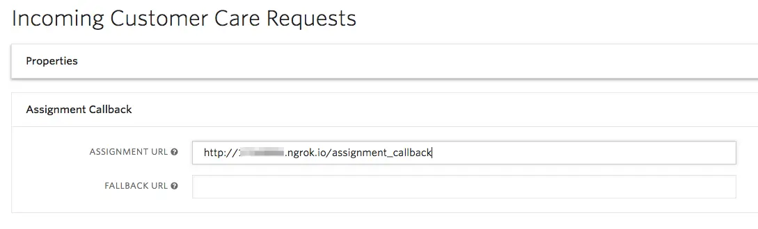 Form for setting assignment and fallback URLs for customer care requests.