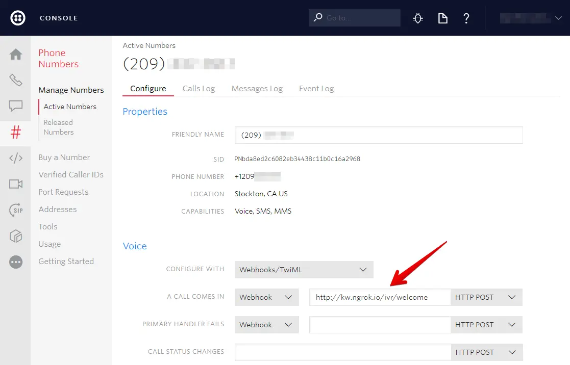 Twilio console showing IVR webhook configuration for phone number with HTTP POST method.