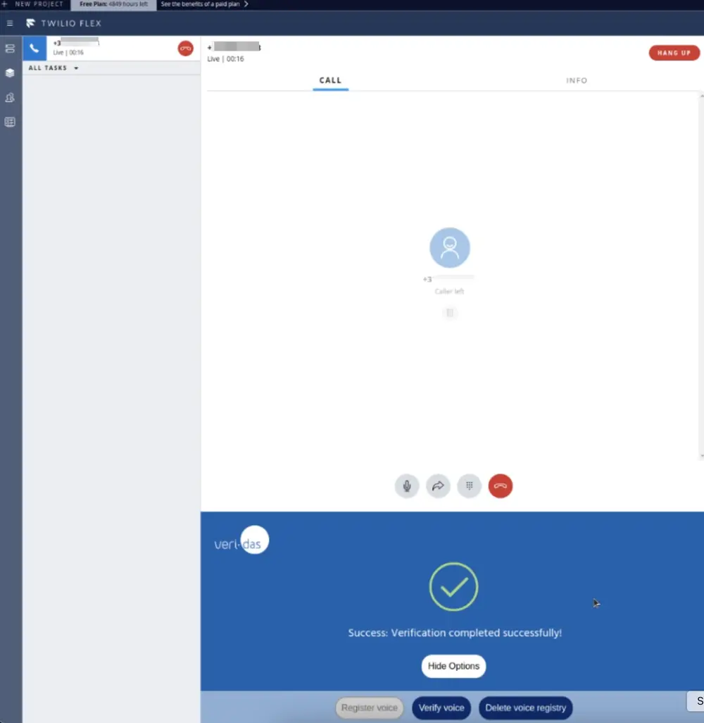 Twilio Flex interface showing Veridas voice verification success message.