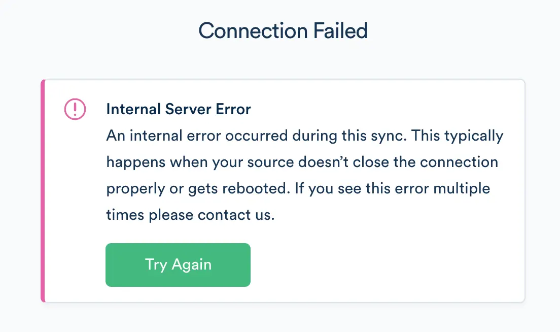 The Connection Failed with Internal Server Error during sync window with the Try Again button.
