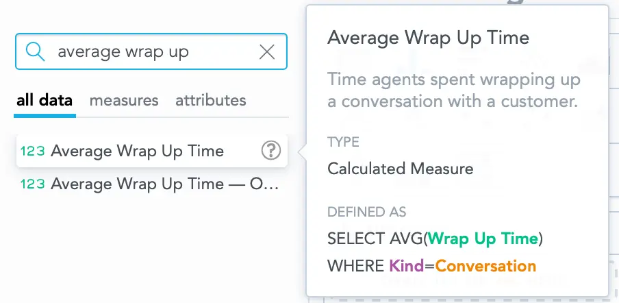 Search for 'Average Wrap Up Time' showing metric details and SQL definition.