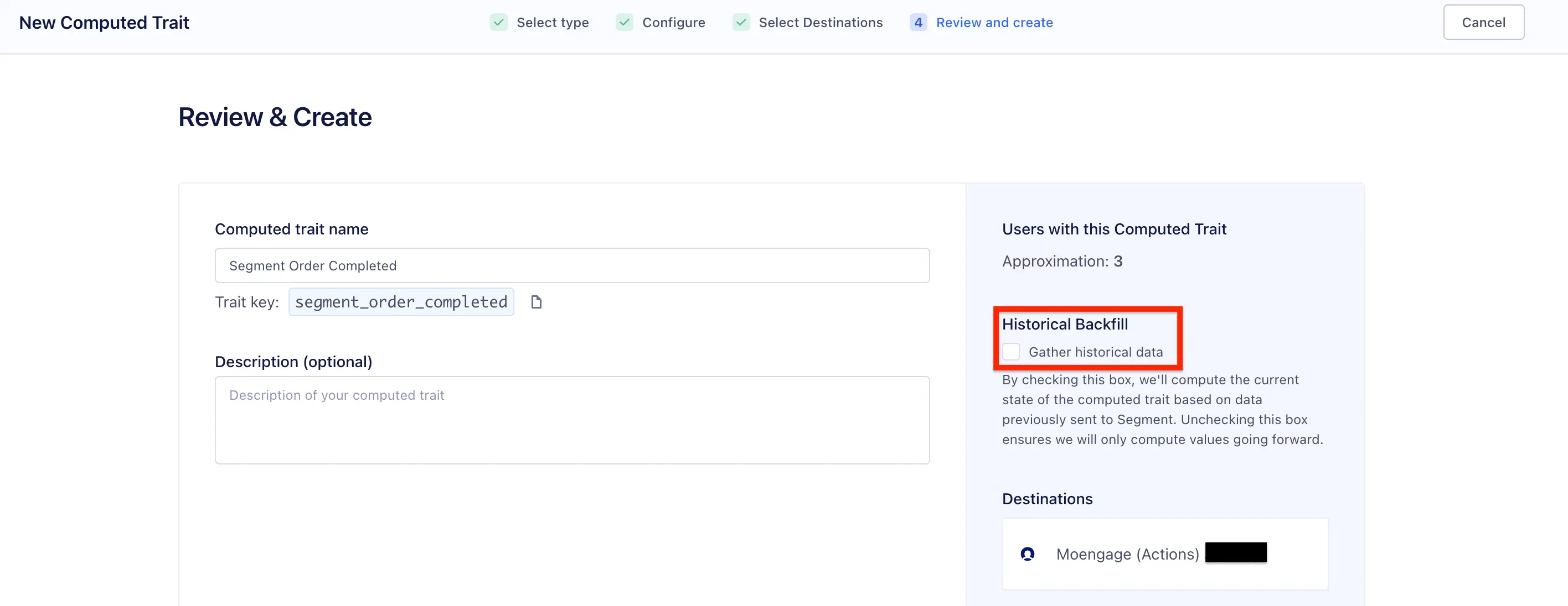 Review and Create step showing audience name 'Email Opened 30 Days' and key 'email_opened_30_days'.