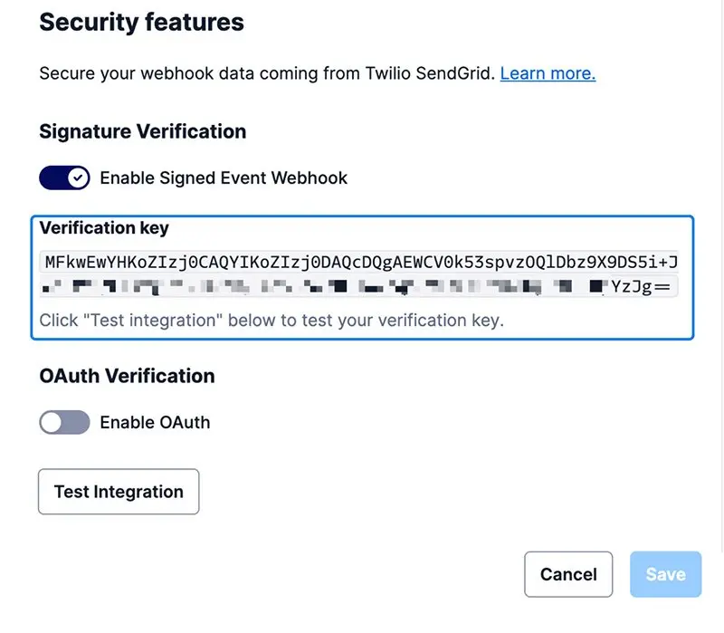 Security settings for enabling signed event webhook with verification key and OAuth option.