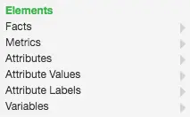 List of elements including facts, metrics, attributes, values, labels, and variables.