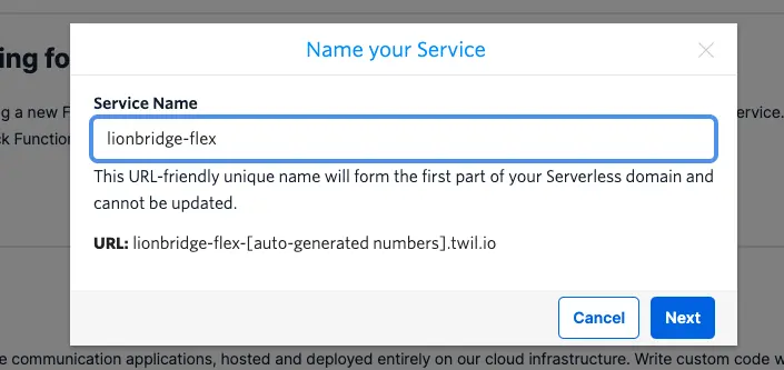 Service naming form with input 'lionbridge-flex' and URL preview.