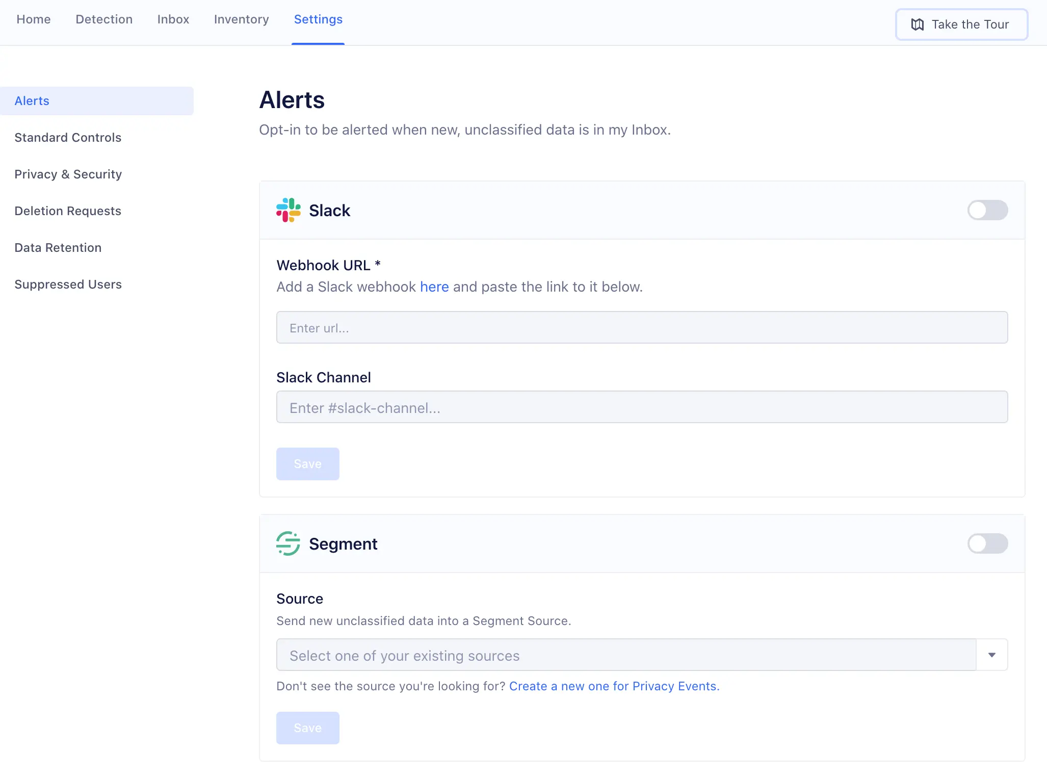 Privacy Portal settings with Slack webhook and Segment source options.