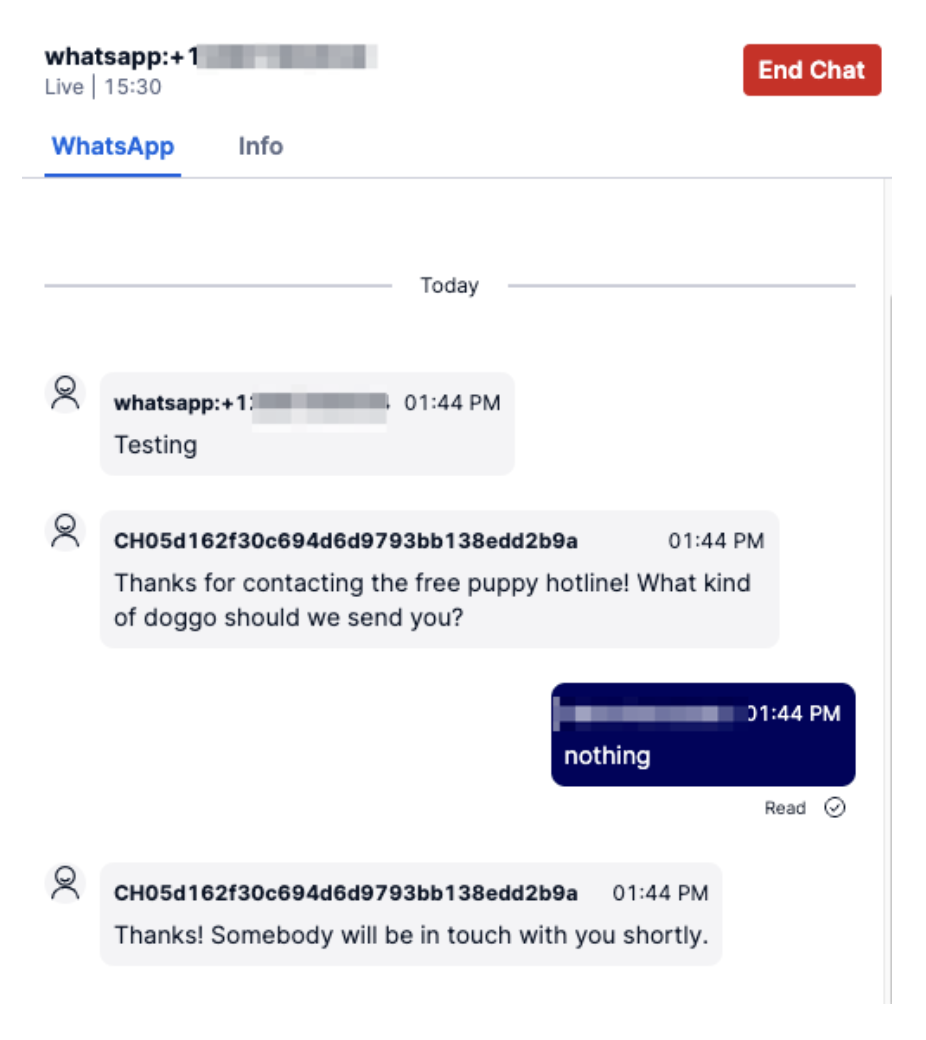Incoming WhatsApp task in your Flex application.