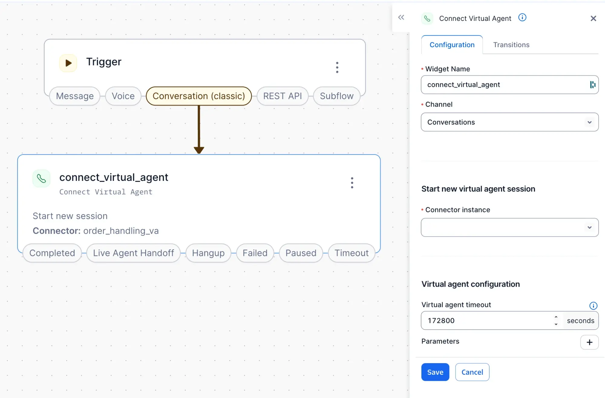 Connect Virtual Agent widget configuration with trigger options and transitions.