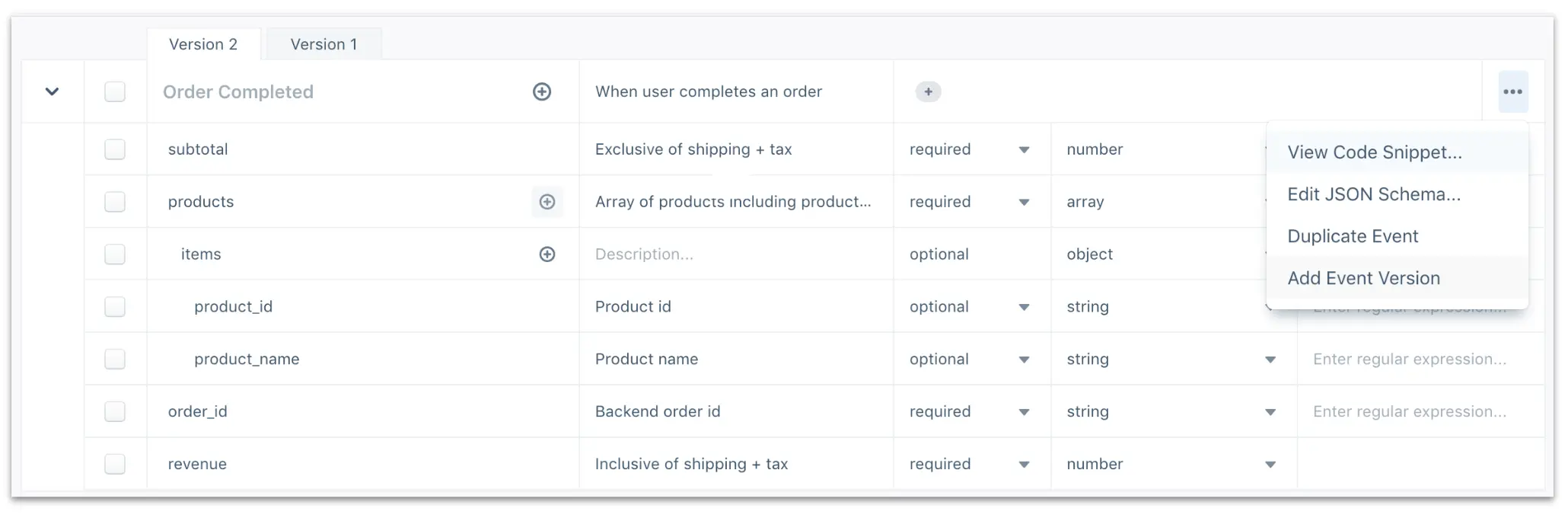 Overflow menu with options including Add Event Version for event versioning.