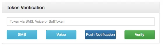 Token verification with options for SMS, Voice, Push Notification, and Verify button.