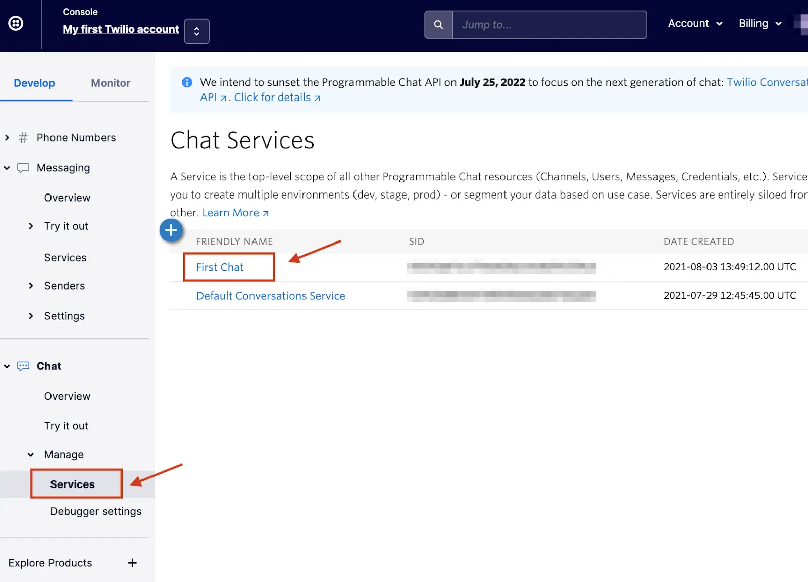 Chat Services page with 'First Chat' and 'Default Conversations Service' listed.