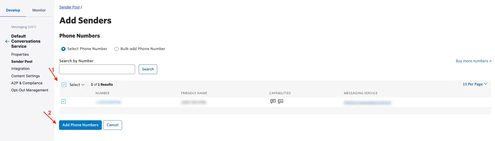 Interface for adding phone numbers with options to select or bulk-add and a search function.