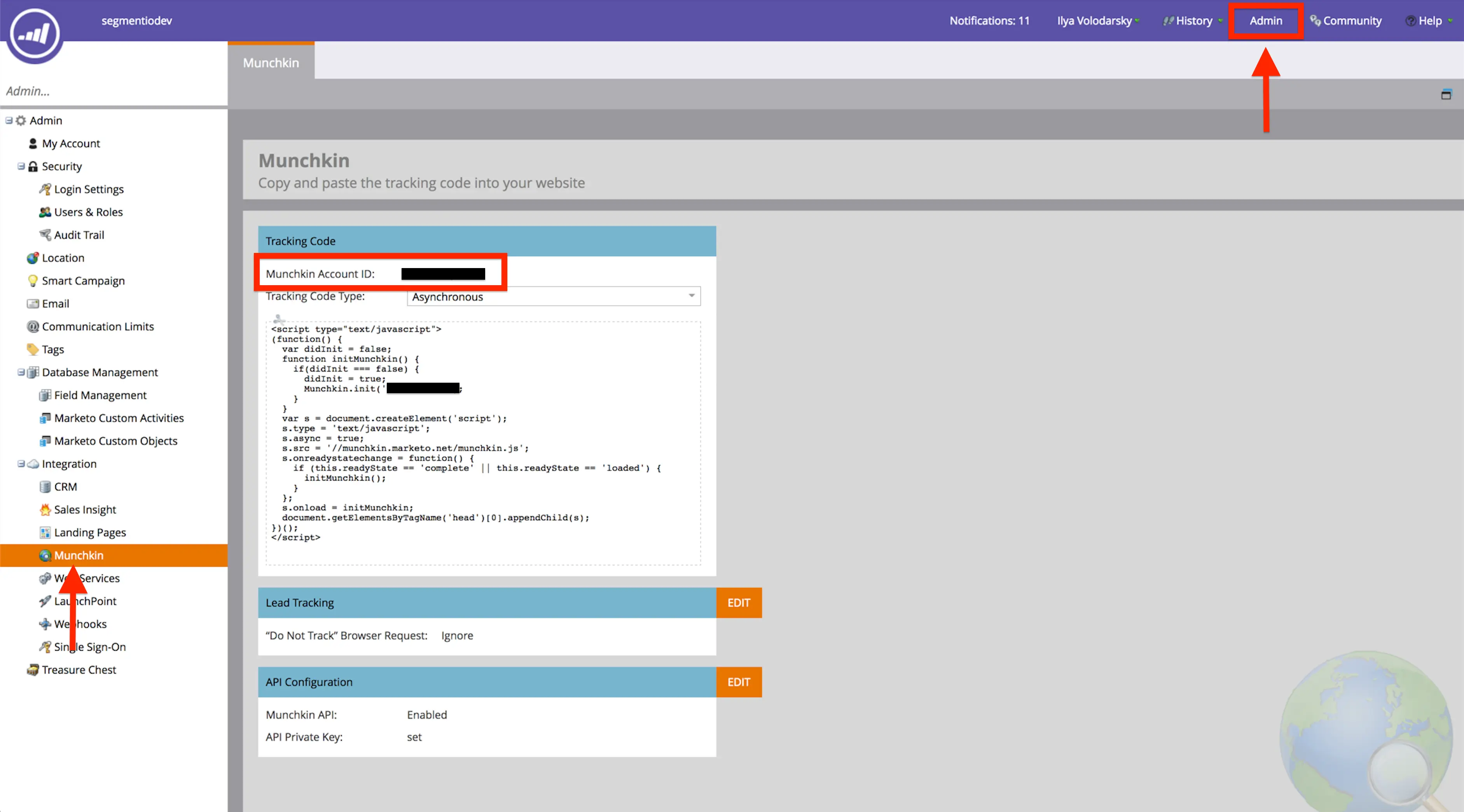 Marketo Munchkin tracking code setup with account ID and asynchronous type.