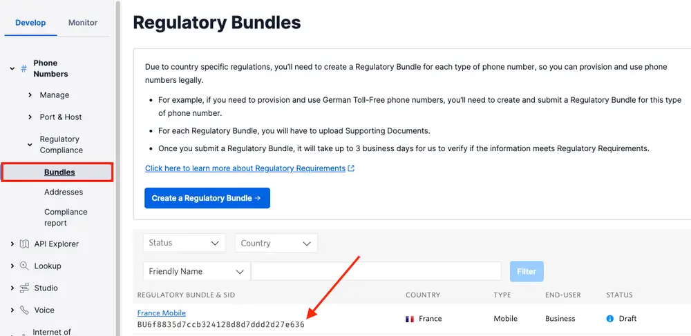 Regulatory Bundles page showing France Mobile bundle with SID BU6f8835d7cb324128d87ddd2d27e636.