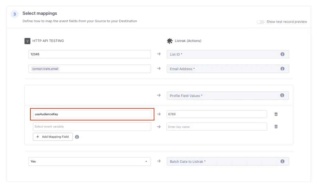 Mapping fields from HTTP API to Listrak with useAudienceKey highlighted.