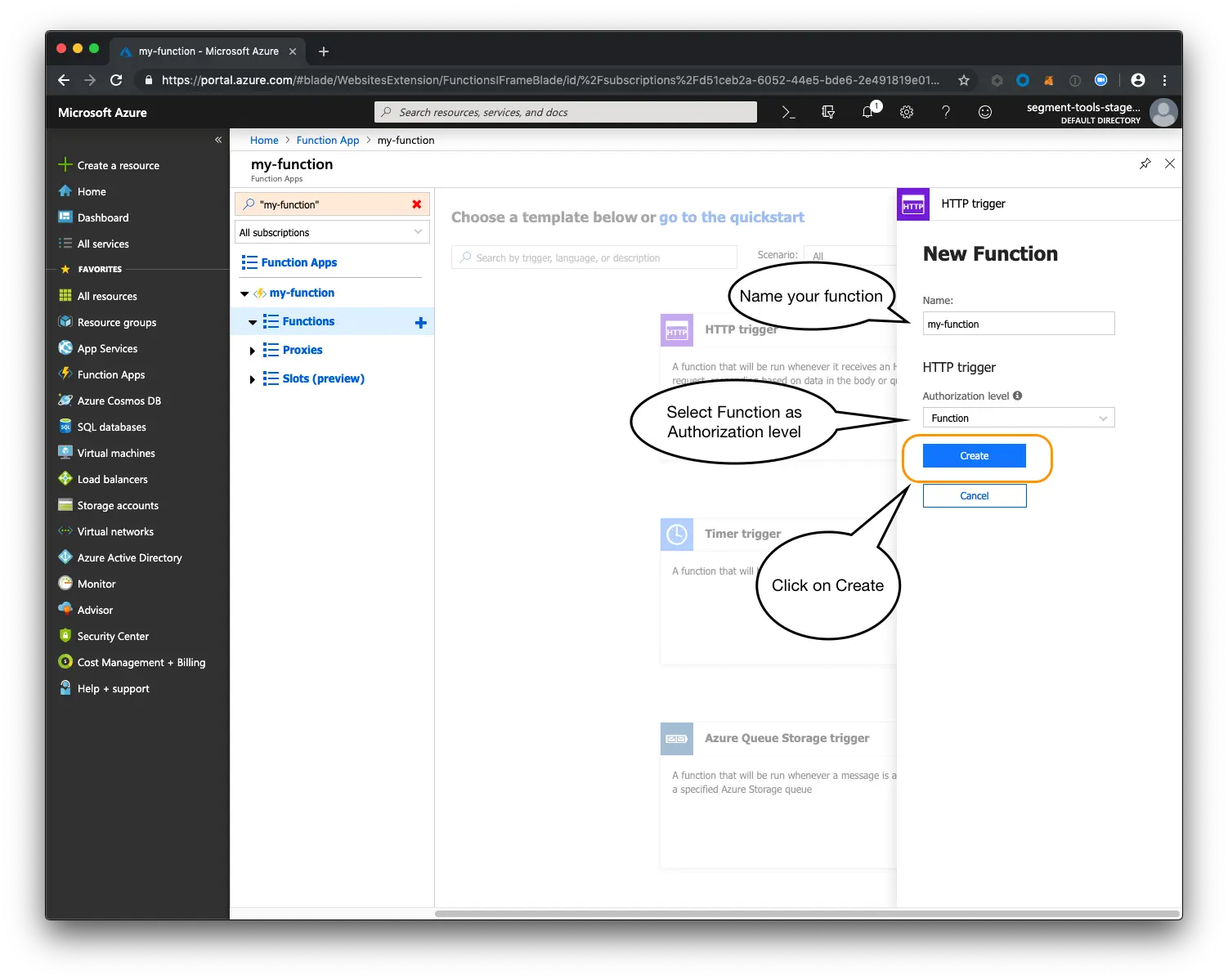 HTTP trigger setup with 'my-function' as name and 'Function' as authorization level, highlighting 'Create' button.