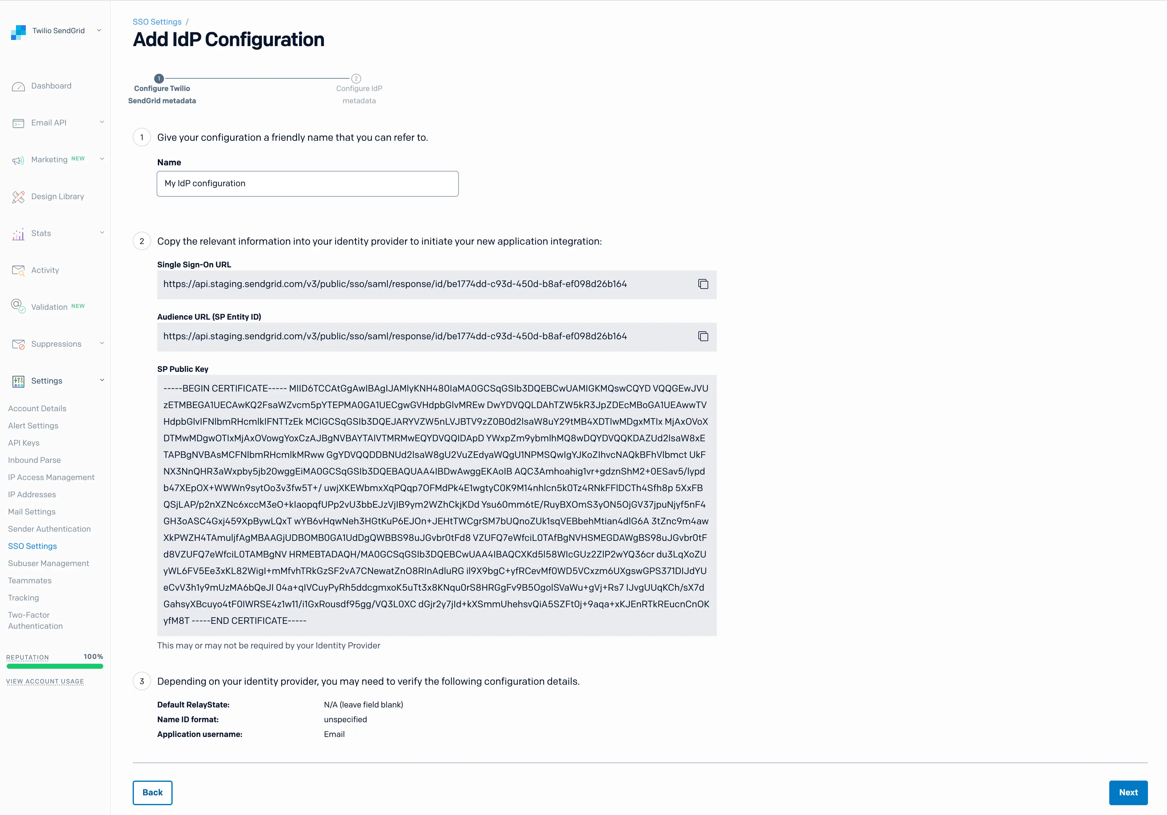 SSO configuration page with fields for IdP name, Single Sign-On URL, Audience URL, and SP Public Key.