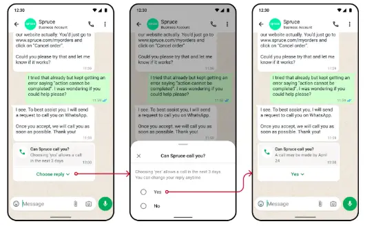 WhatsApp chat showing a call permission request with options to allow or deny a call from Spruce.