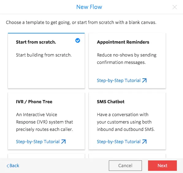 New Flow template options: Start from scratch, Appointment Reminders, IVR / Phone Tree, SMS Chatbot.