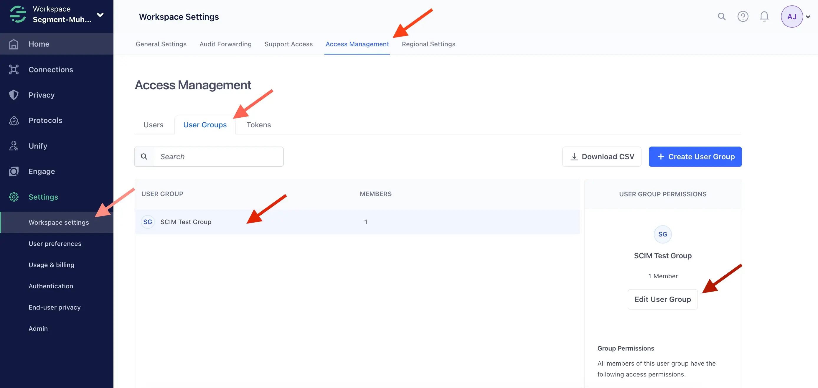 The Access Management page with a test group that contains one member.