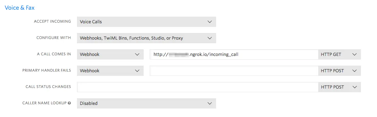 Voice call webhook settings with ngrok URL for incoming calls.