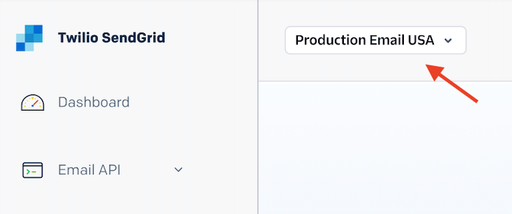 Twilio SendGrid logo with Production Email USA button and a Dashboard icon.