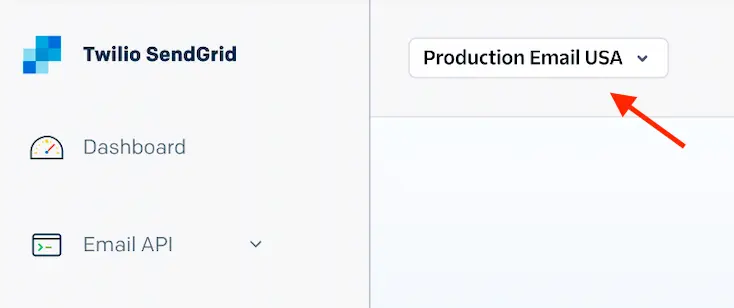Twilio SendGrid logo with Production Email USA dropdown and Dashboard icon.