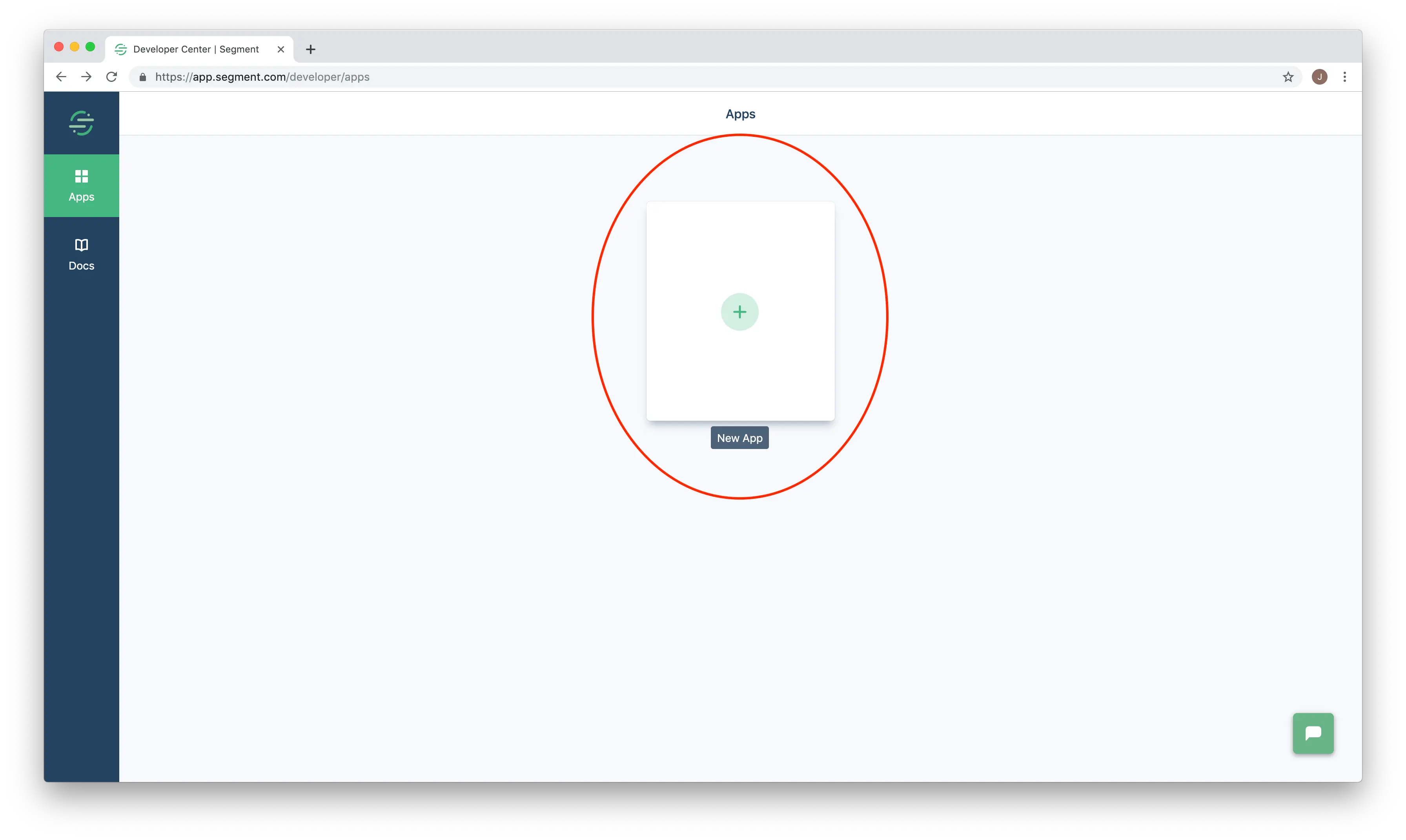 Segment dashboard with highlighted 'New App' button.