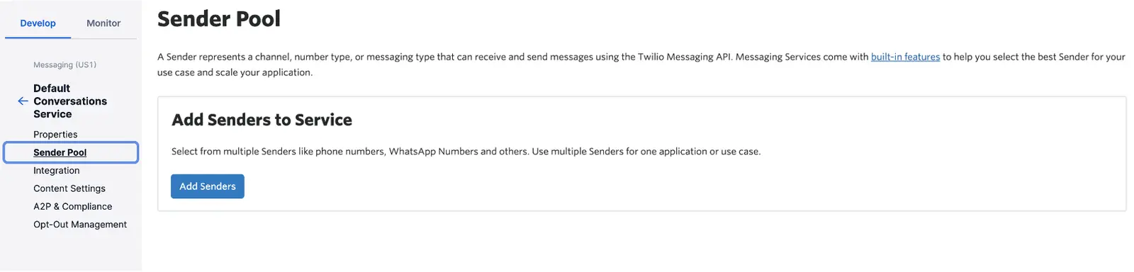 Sender Pool interface with 'Add Senders to Service' button highlighted.