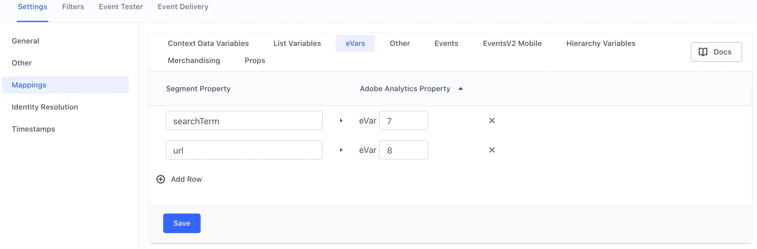 A screenshot of the Adobe Analytics settings page in Segment, with the Mappings section selected and two sample mappings under the eVars tab.