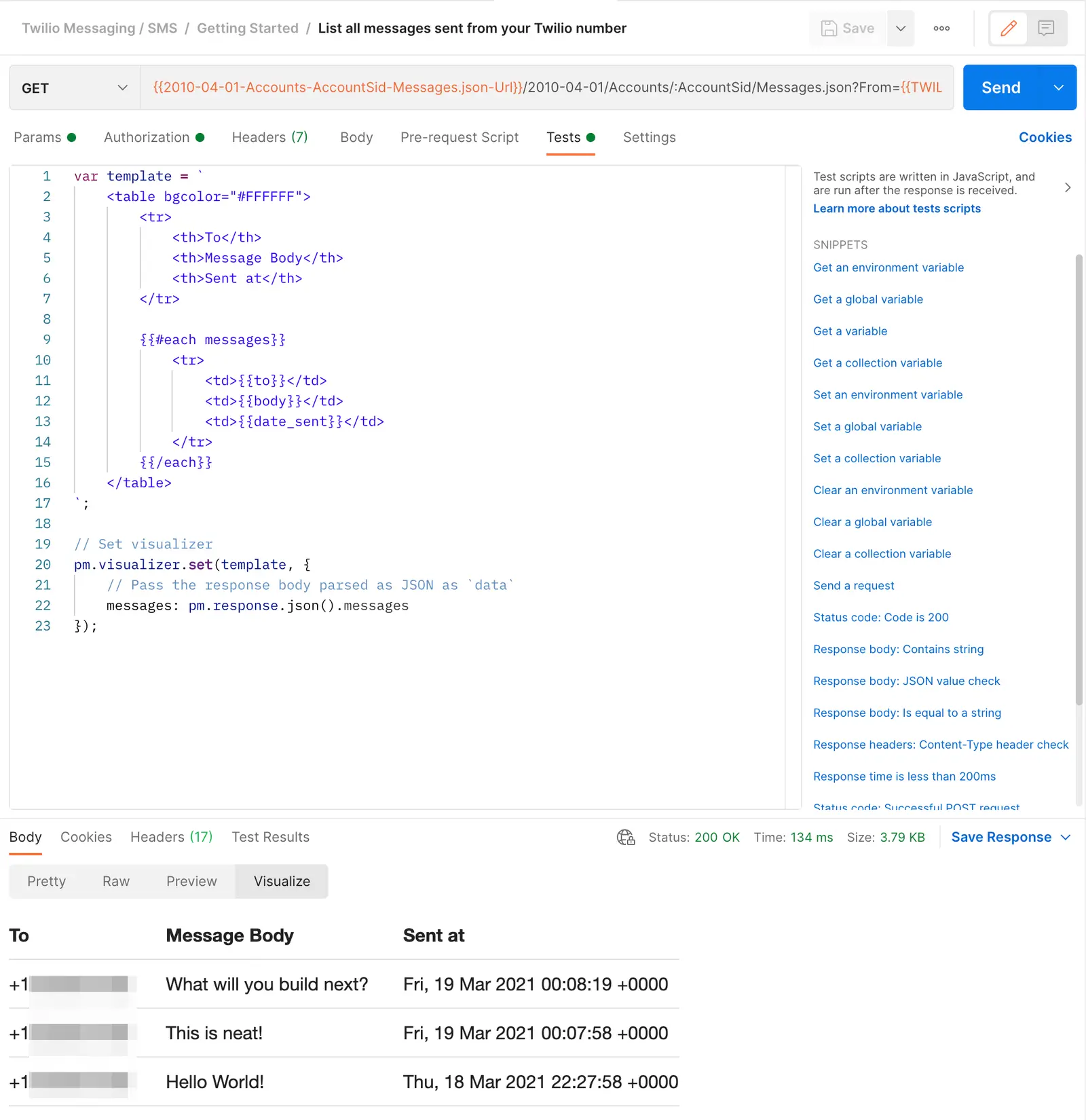 Code snippet for visualizing Twilio SMS messages with a table template in Postman.