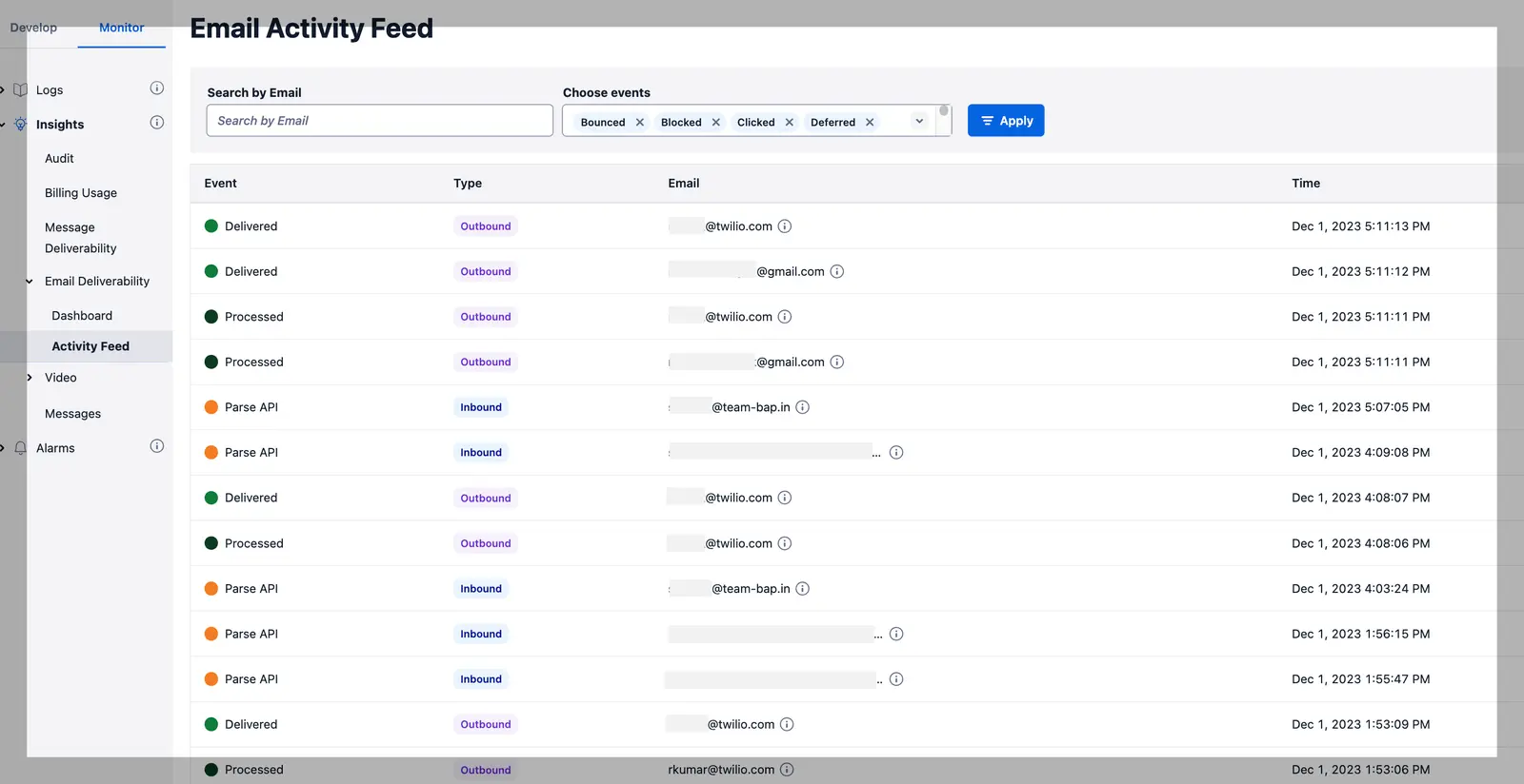 Email activity feed showing events like delivered and processed with timestamps.