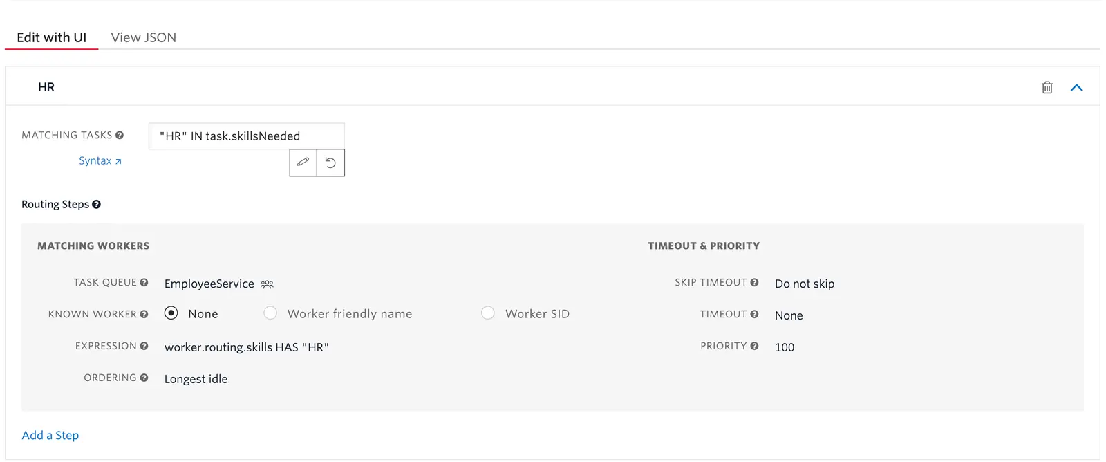 HR filter with task queue EmployeeService and priority 100.