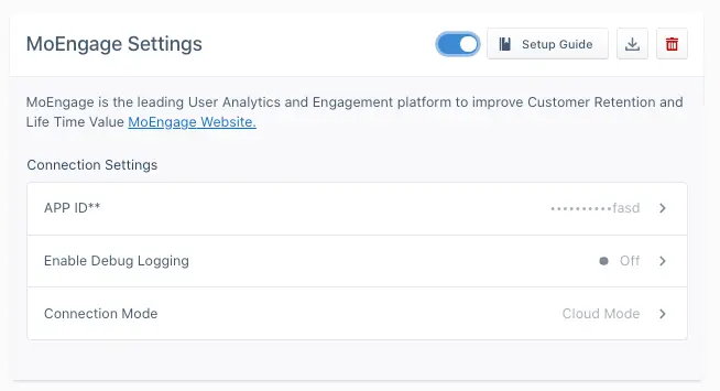 MoEngage settings with options for APP ID, debug logging, and connection mode.