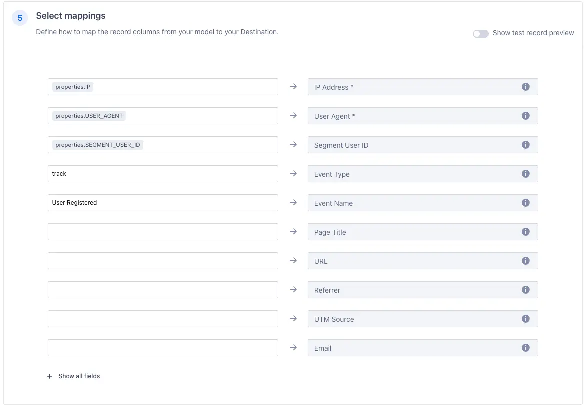 Snowflake mapping showing IP, User Agent, Segment User ID, track and User Registered to corresponding fields.