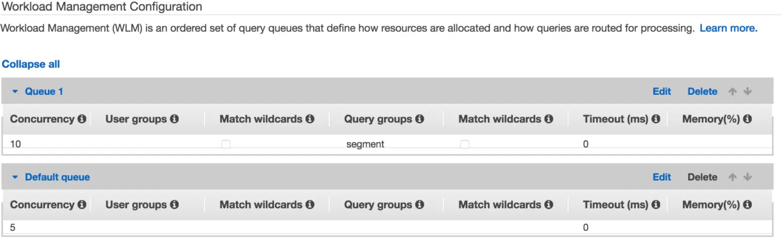 AWS Workload Management Configuration with Queue 1 and Default queue settings.