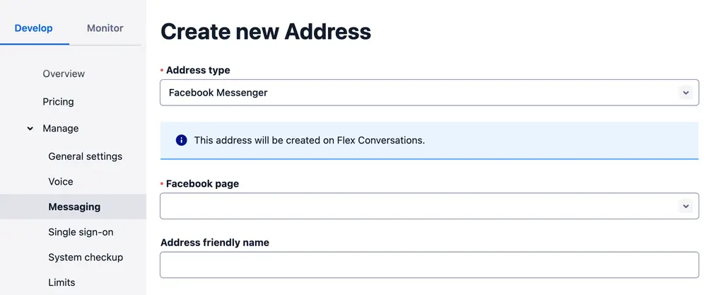 Form to create a new Facebook Messenger address for Flex Conversations.