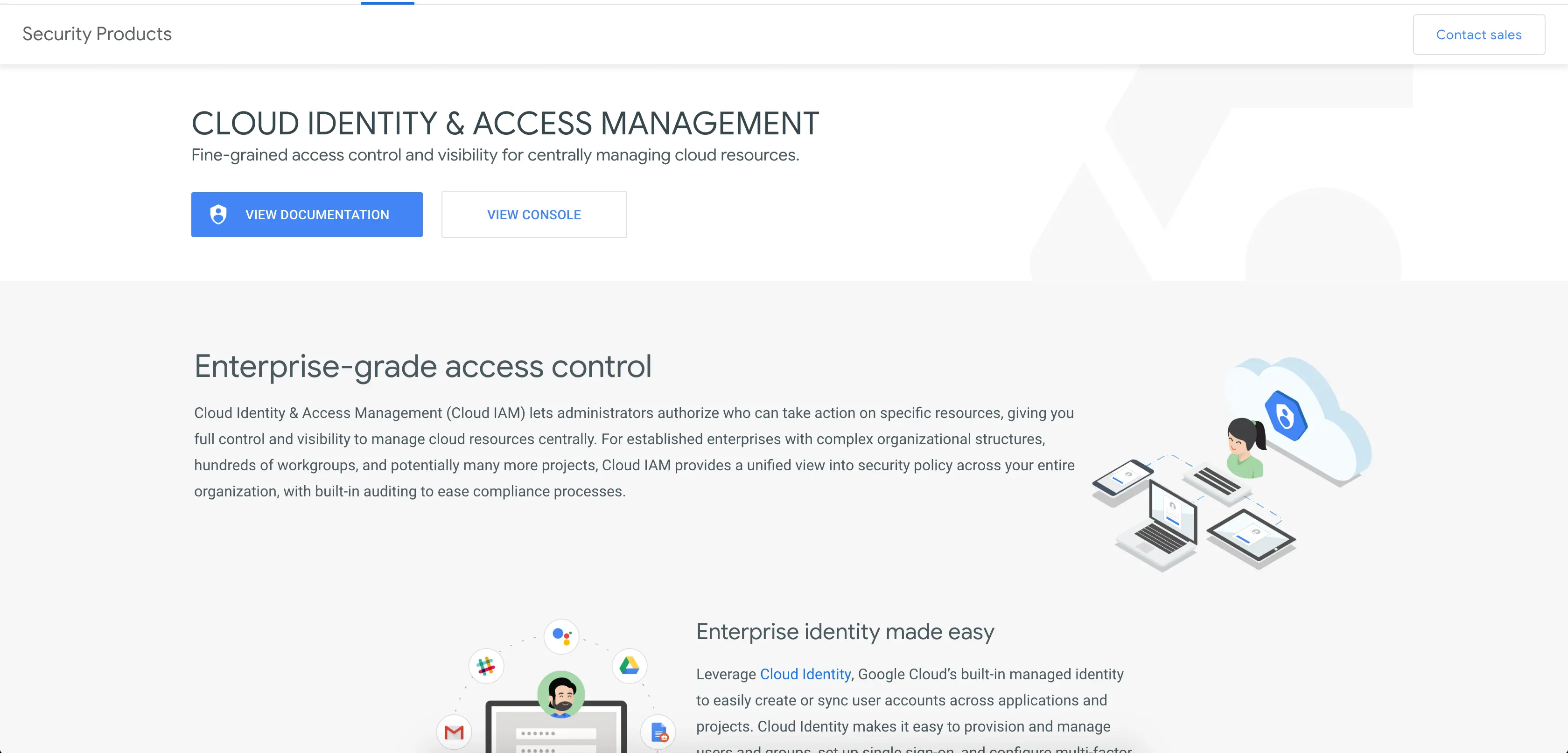Google Cloud Identity and Access Management overview with documentation and console buttons.