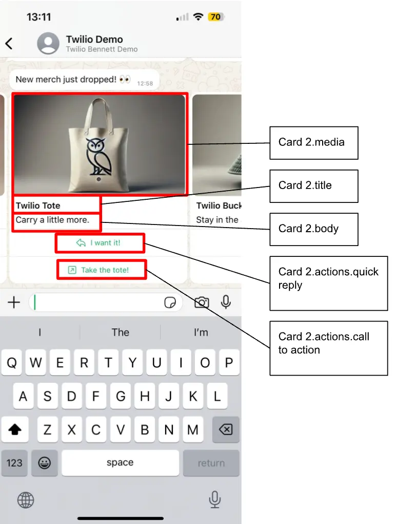 Messaging app showing a carousel with a Twilio Tote bag, title, description, and action buttons.