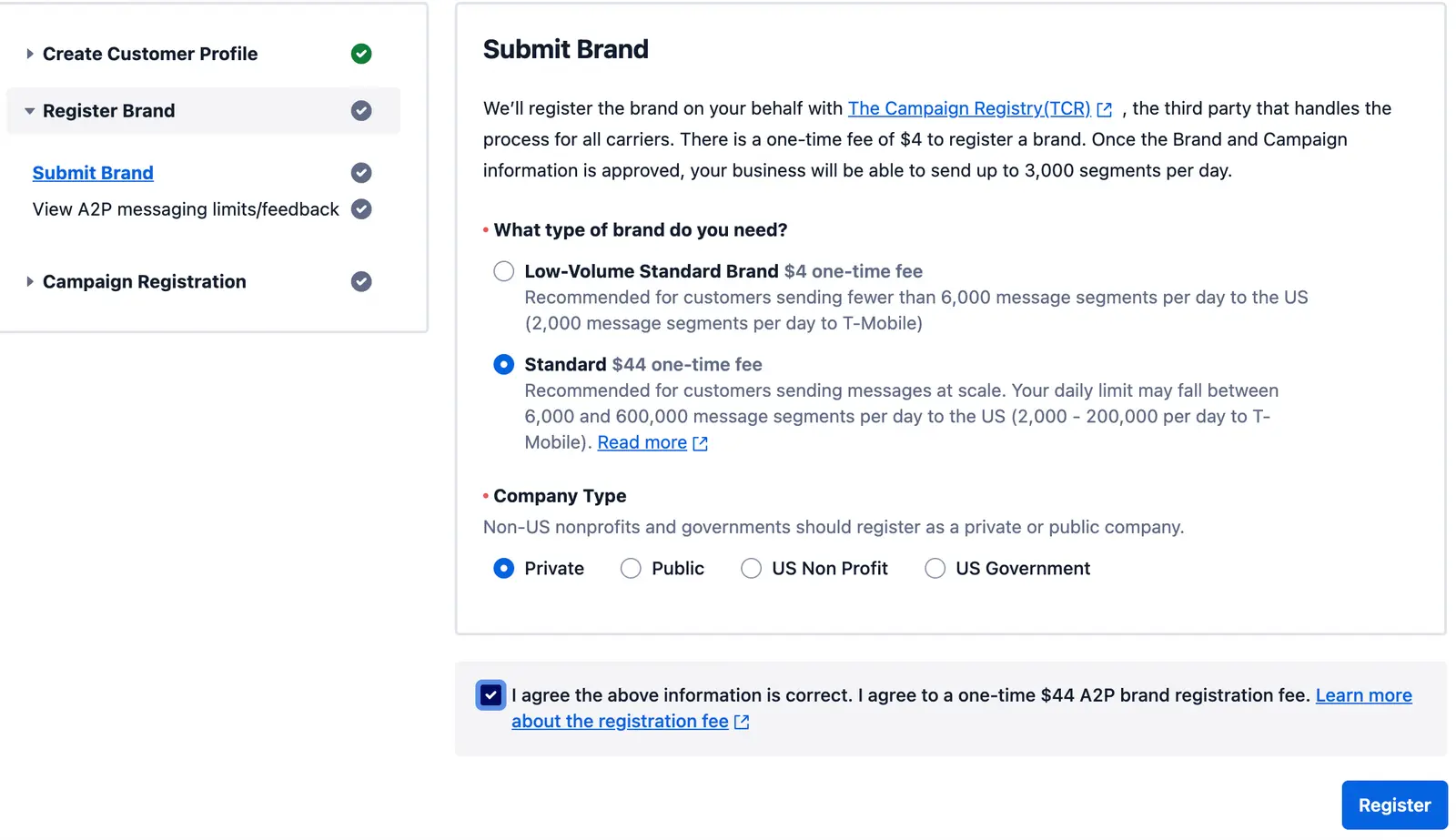 Form to submit a brand with options for brand type and company type, and a registration fee agreement.