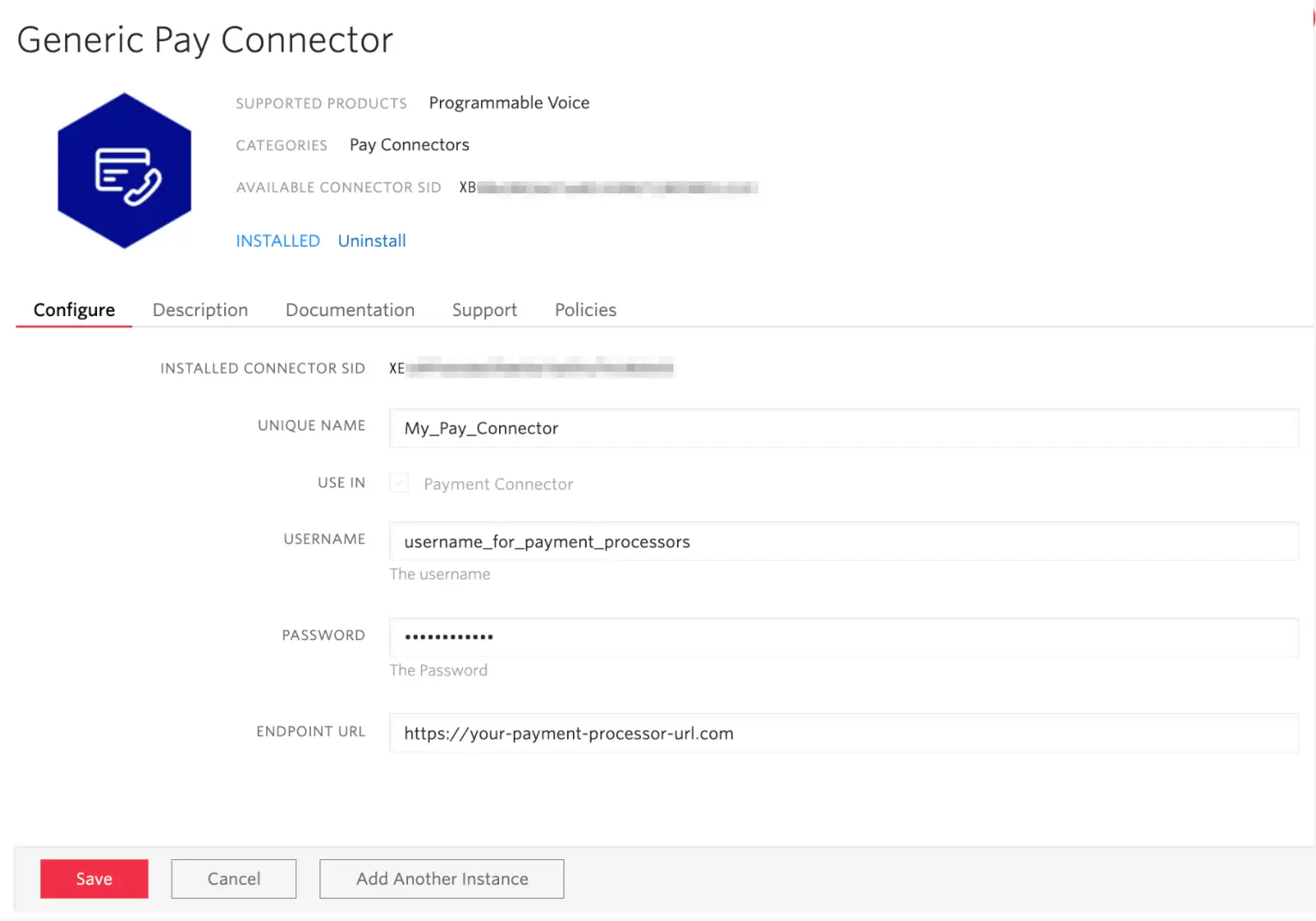 Configure Generic Pay Connector with unique name, username, password, and endpoint URL.