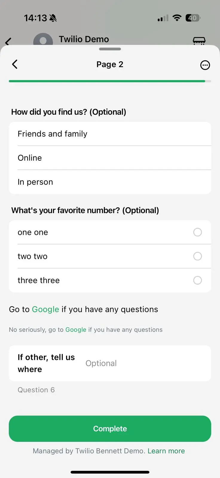 Survey form with questions on finding method and favorite number, includes options and a complete button.