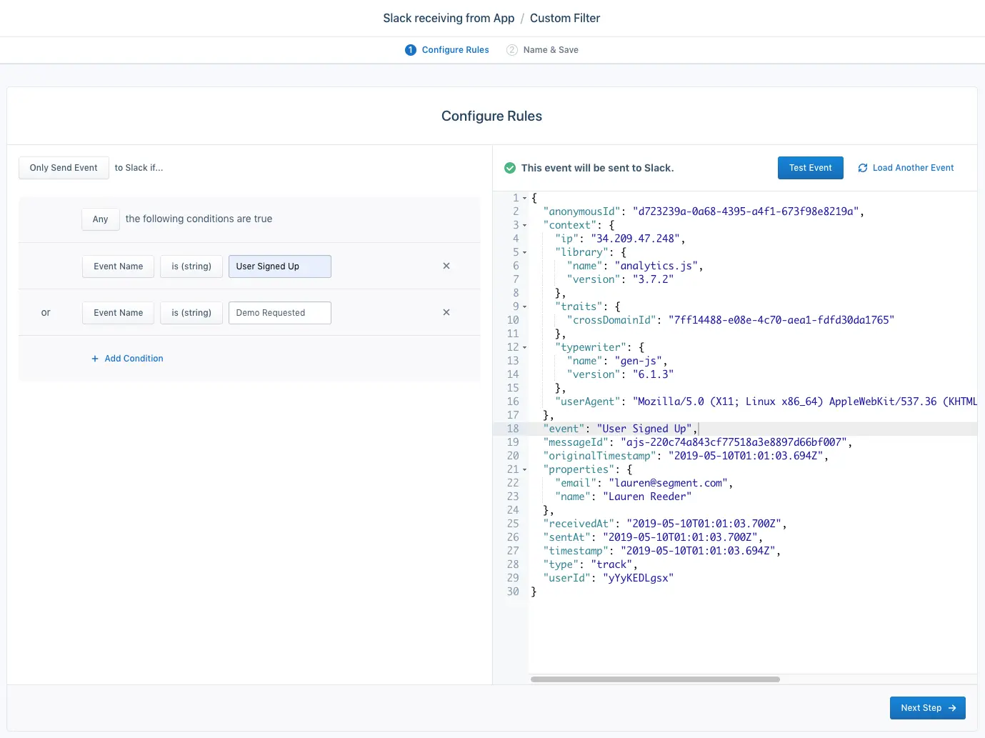 Slack filter for events 'User Signed Up' or 'Demo Requested'.